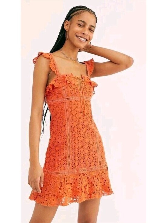 Free People Dresses & Skirts - Free People Cross My Heart Mini Dress Size 4 Chrochet Lace Orange